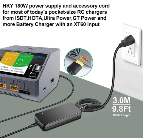180W XT60 Power Supply For Faster Charging Up To Twenty Five Percent On Generac GB1000 GB2000 And Ecoflow Delta River Portable Power Stations Solar Generator Great For iSDT GT Power Hota RC LiPo Chargers And More connected to outlet and charger