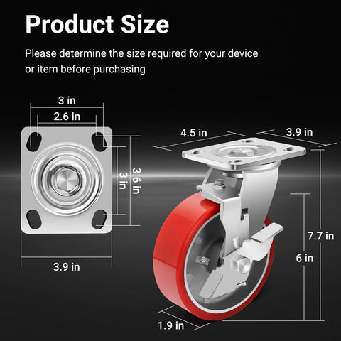 6 Inch Heavy Duty Industrial Grade Caster Wheels Set Of 4 with measurements and aluminum core PU wheels, brake swivel view