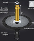 Rock Solid Freestanding Bathtub Drain Rough In Mounting Kit Stainless Steel showing 12 inch base, brass tail pipe, ABS plastic adapter.