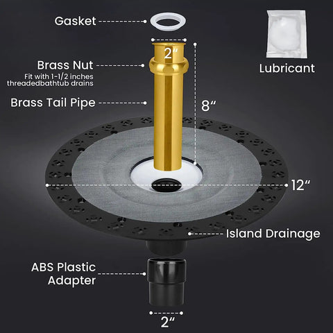 Rock Solid Freestanding Bathtub Drain Rough In Mounting Kit Stainless Steel showing 12 inch base, brass tail pipe, ABS plastic adapter.