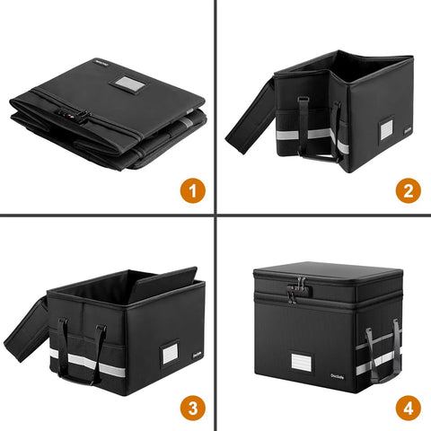 Boss Level Fireproof Multi Layer File Box With Lock Collapsible Portable Office Filing Organizer in different views