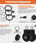 Dual Weight Pulley System Kit components, including 3 steel cables, 2 extension chains, and 2 silent pulleys, for home gym use.