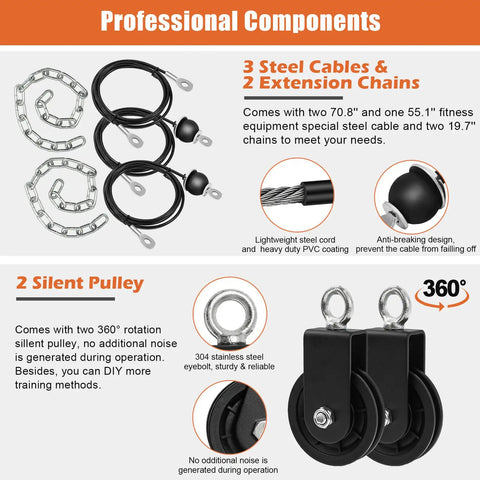 Dual Weight Pulley System Kit components, including 3 steel cables, 2 extension chains, and 2 silent pulleys, for home gym use.