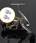 Close-up of a fishing reel with an inset showing Heavy Duty M2.5 Screws Nuts And Washers Set In Stainless Steel.