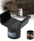 Heavy Duty Bottle Jack Adapter For Twelve Ton And Twenty Ton Jacks, Tough As Nails Axle Lift Saddle For Three Inch Round Axles And Three Inch Square Tubes shown underneath vehicle