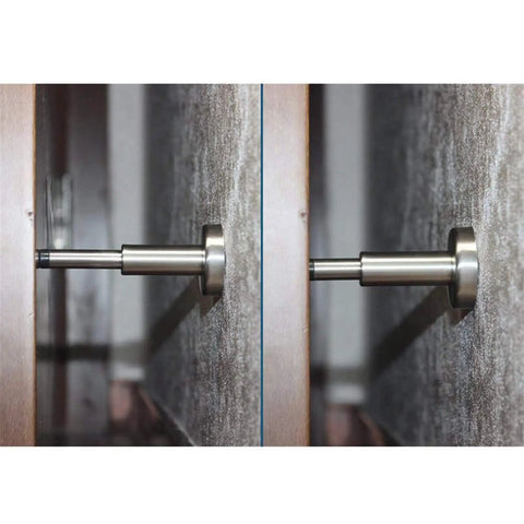Four Adjustable Leveling Feet With Stainless Steel Rubber Cushions For Wall Protection And Door Suction Mounts Built Tough Swivel Levelers Easy Height And Angle Adjustment Keeps Walls Scratch Free And Doors Sliding Smooth, close-up on wall-mounted door stop.