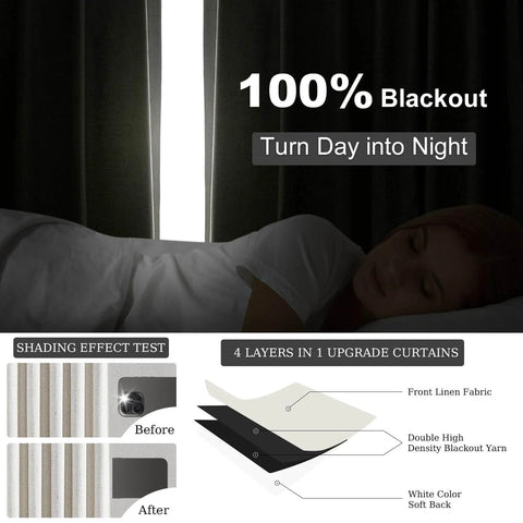 Extra Wide Blackout Linen Drapery Panel With Hooks, Pinch Pleat Curtains For Patio Sliding Doors And Large Windows, 72 By 96 Inches One Panel, demonstrating full blackout effect in a room with a sleeping person.