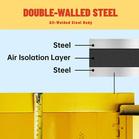 Heavy Hitter Fireproof Flammable Safety Cabinet Rock Solid Steel Chemical Storage Locker With Indestructible Shelving For Garage Workshop And Home Lab Setup In Bright Yellow