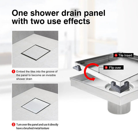 Top Notch 6 Inch Brushed Shower Drain With Full Flange Tile Insert showcasing dual-use effects for invisible drainage.