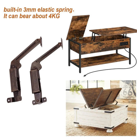 Antique Copper Lid Support Hinges With Spring For Coffee Tables Lift Assist Hardware 7.9 Inch 2 Pack in open position