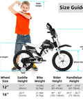 Motocross Style 16 Inch Kids Bike For Boys And Girls Ages 4 Through 7 With Training Wheels, size guide with child model.