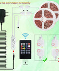 How to connect 50ft RGB LED Strip Lights With Music Sync And Bluetooth App Control, IR remote, power supply, wiring diagram
