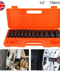 Top Notch 13-Piece Extended Pneumatic Impact Socket Set Crated With Premium Chrome Vanadium Steel Deep Sockets Covering 13mm To 32mm For Heavy Duty Auto Repair And Mechanic Grinds. 13-piece 1/2-inch impact socket set in orange case, 13mm to 32mm sockets for wheel and auto repair
