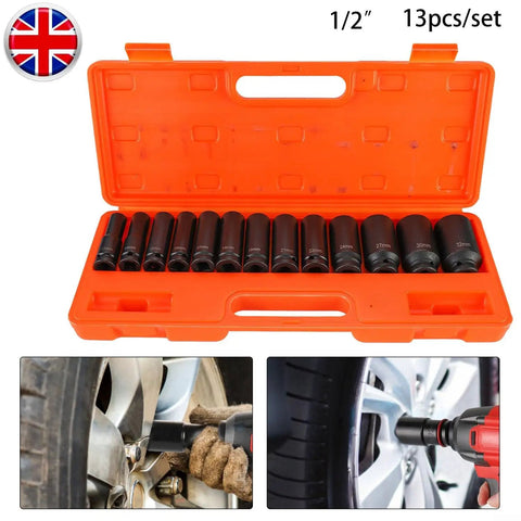 Top Notch 13-Piece Extended Pneumatic Impact Socket Set Crated With Premium Chrome Vanadium Steel Deep Sockets Covering 13mm To 32mm For Heavy Duty Auto Repair And Mechanic Grinds. 13-piece 1/2-inch impact socket set in orange case, 13mm to 32mm sockets for wheel and auto repair