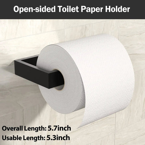 Open-sided toilet paper holder from Matte Black 4 Piece Bathroom Hardware Set With 24 Inch Towel Bar And Hand Towel Bar Toilet Paper Holder And Robe Hook 304 Stainless Steel Sleek Durable Upgrade No Brainer