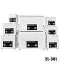 Top Shelf Ultrasonic Cleaner 30L Tank With Degas Tech shown in a variety of sizes, featuring stainless steel construction for cleaning.