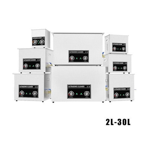 Top Shelf Ultrasonic Cleaner 30L Tank With Degas Tech shown in a variety of sizes, featuring stainless steel construction for cleaning.