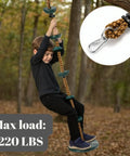 Child on outdoor climbing rope with platform and disc swing seat set for trees and backyards includes bonus hanging strap.