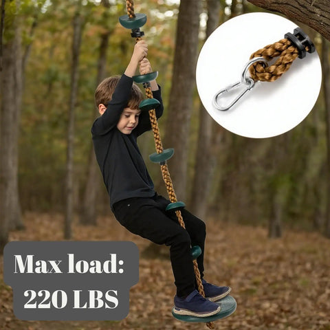 Child on outdoor climbing rope with platform and disc swing seat set for trees and backyards includes bonus hanging strap.