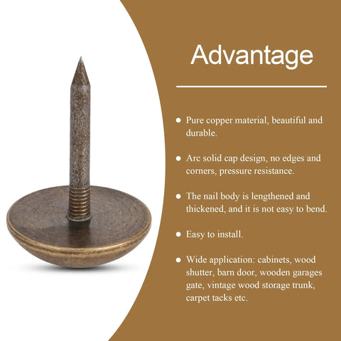 Knockout Vintage Brass Cap Tacks Rock Solid For Upholstery And Wood Furniture No Sweat Installation Heavy Duty Bronze Thumb Pins For Rustic Home Makeovers 10 Pack displayed with curved nail and solid cap.