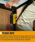 Magnetic Safety Switch With Emergency Stop Button installed on work bench, 120V 18A Power Tool Safety Upgrade with yellow box and 5.6 ft cord.