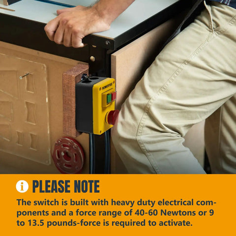 Magnetic Safety Switch With Emergency Stop Button installed on work bench, 120V 18A Power Tool Safety Upgrade with yellow box and 5.6 ft cord.
