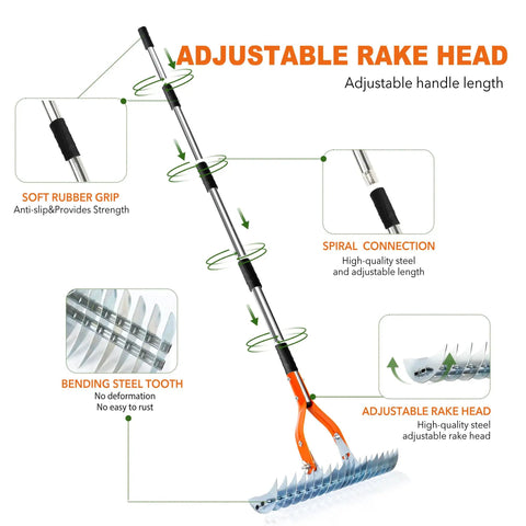 15 Inch Dethatcher Lawn Rake With Adjustable Handle For Thatch Removal And Scarification, showing features