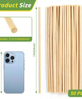 Straight Up Natural Bamboo Wooden Dowel Rods Quarter Inch by Twelve Inches Solid 50 Piece Craft Sticks next to a phone for size comparison.