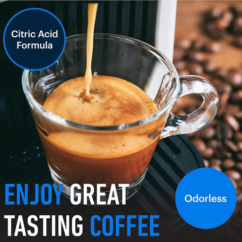 Glass cup with espresso pouring, promoting Universal Descaling Solution For Coffee Makers And Espresso Machines Made In The USA Works With Delonghi Keurig Breville Nespresso And All Automatic Brewers Powerful Mineral And Oil Deposit Cleaner Two Uses Per Bottle, citric acid formula, odorless.