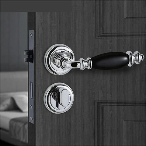 Retro Style Zinc Alloy Door Lock With Ceramic Knob And Quiet Bedroom Handle Toilet Door Hardware Luxurious Mute Lock Set For Home Easy Install Black Finish Premium Furniture Hardware shown on bedroom door
