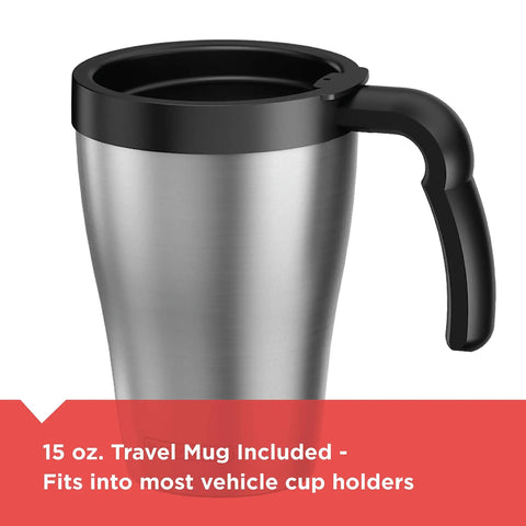 Stainless steel travel mug for On The Go Personal Coffee Maker, 15 oz, black handle, fits into car cup holders, side view.