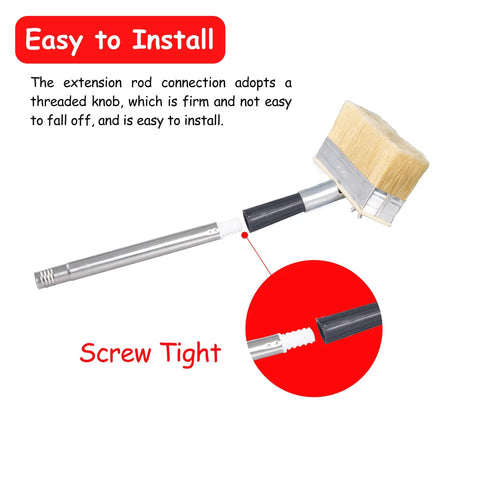 Do It All Adjustable Long Handle Deck Stain Brush Kit With 100 Percent Natural Bristle Wide Paint Brush For Wood Stains Oils Deck Coatings Fence Walls And Furniture Including Extension Rod For Easy Back Saving Application showing screw tight extension rod connection with natural bristle brush
