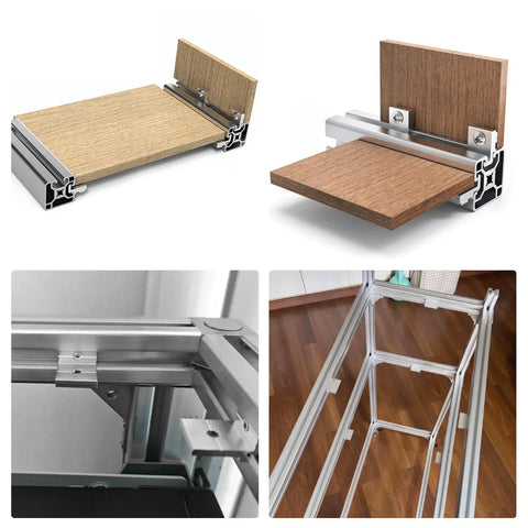 Beefy Heavy Duty Aluminum Shelf Brackets Set For Extrusion Profiles Corner Mounts with wood panel attachment.