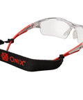 Protective Eyewear For Pickleball Players With Lightweight Game Ready Impact Resistant Frame Anti Fog And Anti Scratch Lenses 99 Percent UV Shield Includes Clear Smoke And Blue Tint Lenses Soft Non Slip Nose Pads For Secure Fit, clear lens view with adjustable strap.