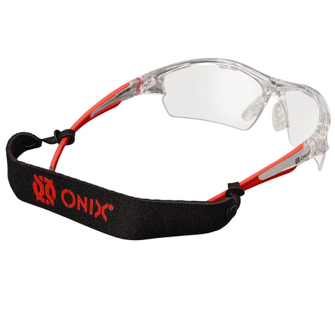 Protective Eyewear For Pickleball Players With Lightweight Game Ready Impact Resistant Frame Anti Fog And Anti Scratch Lenses 99 Percent UV Shield Includes Clear Smoke And Blue Tint Lenses Soft Non Slip Nose Pads For Secure Fit, clear lens view with adjustable strap.