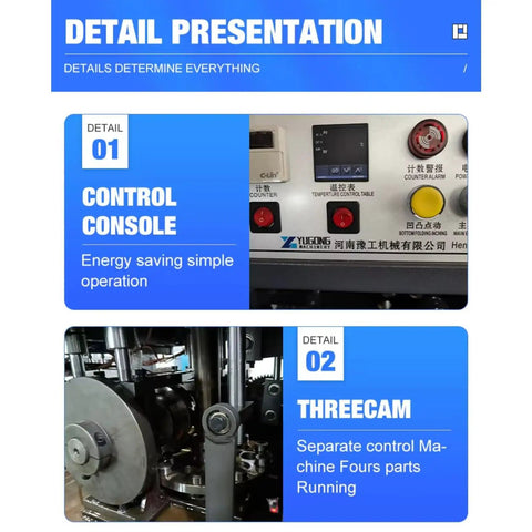 Close-up of control console and three-cam system on Heavy Duty Disposable Paper Cup Forming Machine With Large Hopper For High Volume Beverage Factories Bakeries And Dessert Shops Needing A Straight Up Consistent Cup Supply.