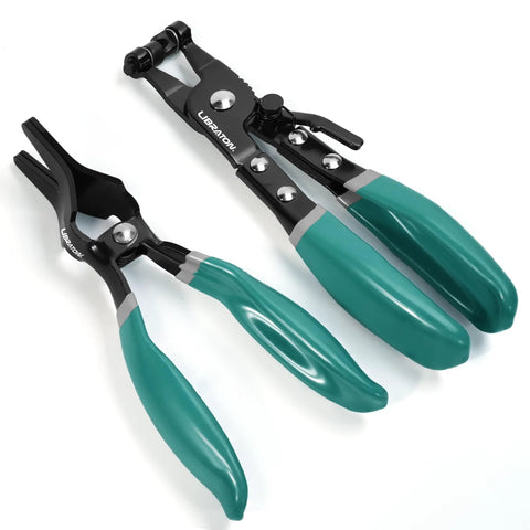 LIBRATON 2-piece hose clamp pliers set with green ergonomic handles and swivel jaws (top-down view)