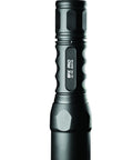 Dual Output LED Flashlight With Regulated 600 Lumen High And 15 Lumen Low Modes, anodized aluminum body in black, side view