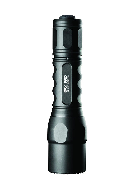 Dual Output LED Flashlight With Regulated 600 Lumen High And 15 Lumen Low Modes, anodized aluminum body in black, side view