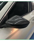 High Quality Side Mirror Cover Cap Fit For Skoda Superb Sedan 2015 2016 2017 2018 Covers Up Curb Rash And Scratch Marks Easily With Textured Finish That Blends In Restores Your Vehicles Street Vibe Tool Free Snap On Install carbon fiber textured side mirror cover cap on white Skoda sedan
