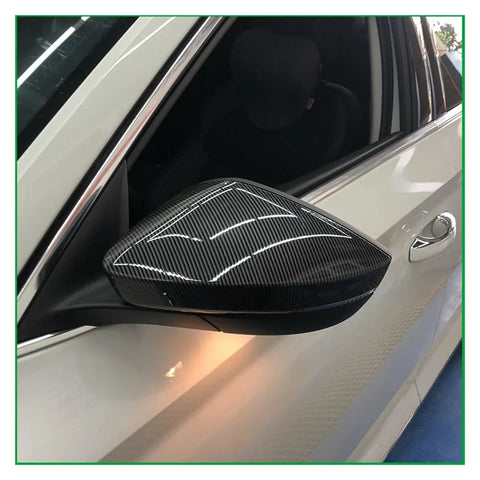 High Quality Side Mirror Cover Cap Fit For Skoda Superb Sedan 2015 2016 2017 2018 Covers Up Curb Rash And Scratch Marks Easily With Textured Finish That Blends In Restores Your Vehicles Street Vibe Tool Free Snap On Install carbon fiber textured side mirror cover cap on white Skoda sedan