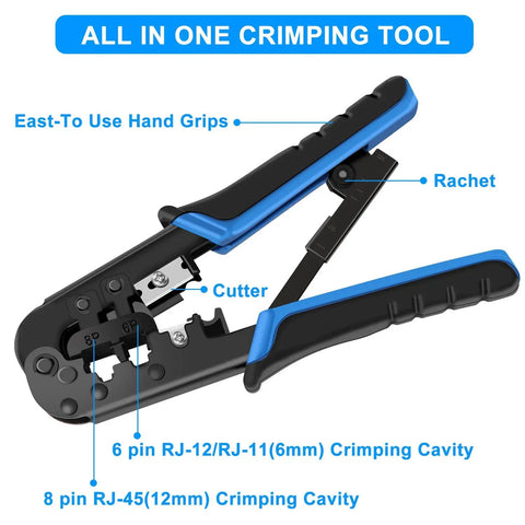 Pro Grade Ethernet Crimping Kit With 20 RJ45 Connectors Covers Cable Tester And Wire Stripper Universal RJ11 RJ12 6P 8P tool