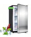 Effortless 3.6 Cu Ft Upright Freezer Glossy Silver, compact mini cooler with ice, mint, and drink bottle.