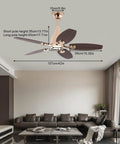 Ceiling Fan with Light 45W Wireless Remote 5 Blades Iron Indoor Mount showcasing dimensions and design in a modern living room.