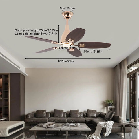 Ceiling Fan with Light 45W Wireless Remote 5 Blades Iron Indoor Mount showcasing dimensions and design in a modern living room.