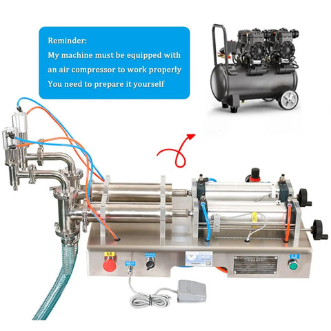Straight Shooter Semi Automatic Double Head Bottle Filler Machine Pneumatic Stainless Steel 100 To 1000 Ml with air compressor nearby.