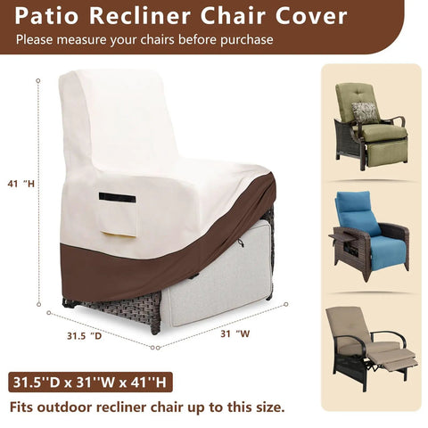 Heavy Duty Waterproof Outdoor Recliner Chair Cover For Patio And Lawn Fits Up To Thirty One Point Five Inch Deep 31 Inch Wide 41 Inch High 600D Oxford Tough As Nails Tear Resistant Weatherproof Beige And Brown shown covering a recliner chair