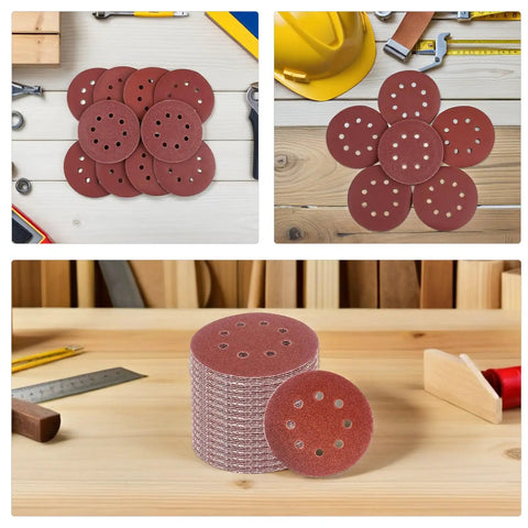 Get Your Hands On These 150 Inch Eight Hole Hook And Loop Sanding Discs Perfect For Your Orbital Sander With Tough Reliable Material To Resist Tearing And Wear For Less Frequent Replacement On Sheets Or Professional Jobs arranged in a stack on a workbench.
