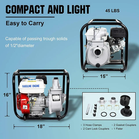 Gas Powered 2 Inch Semi Trash Water Pump With 212cc 4 Stroke Engine 158 GPM High Flow 26 Feet Suction 105 Feet Lift Heavy Duty