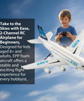 Child playing with Ready To Fly 2.4GHz RC Airplane Toy With Gyro A380 Style Foam Jet 2 Channel Beginner Friendly Plane